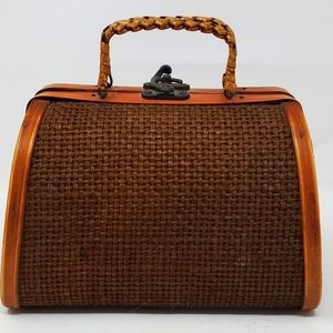 Wooden Weaved  Basketweave Vintage Sachel Handbag Latch Closure Brown